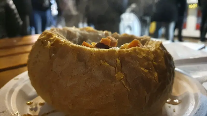 Gulyas in a bread bowl at the Christmas markets in Budapest